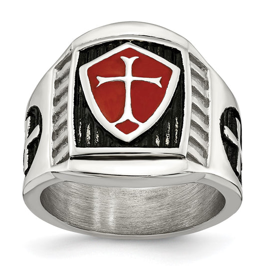 Stainless Steel Antiqued and Polished w/Red Enamel Cross/Shield Ring Size - 10