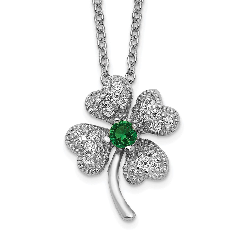 Cheryl M Sterling Silver Rhodium-plated Brilliant-cut Green Glass and Brilliant-cut White CZ Four Leaf Clover 15 Inch Necklace 15 Inches