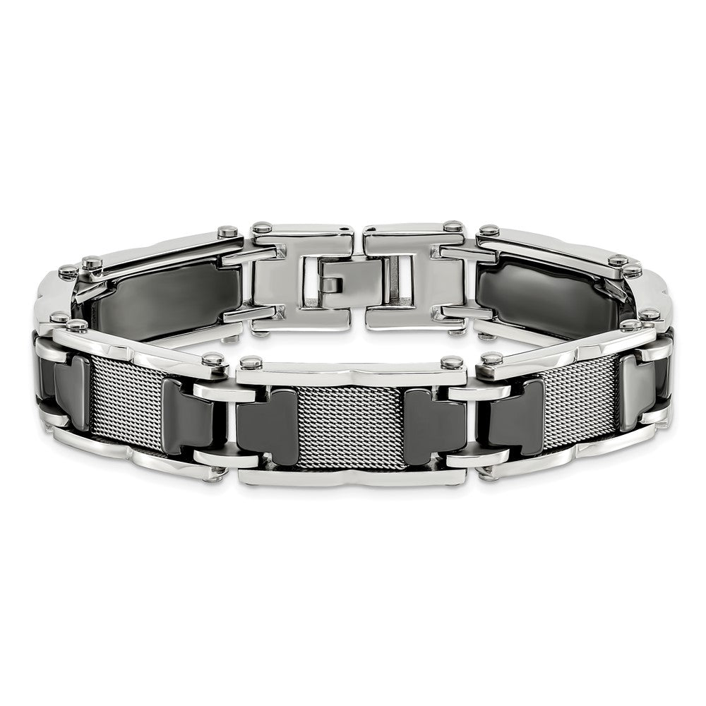 Stainless Steel Polished Mesh with Black Ceramic 8.25in Bracelet 8.25 inches