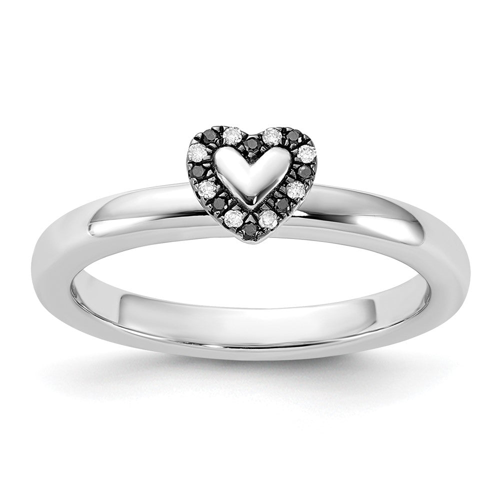 Sterling Silver Rhodium Plated Black & White Diamond Stackable Heart Ring