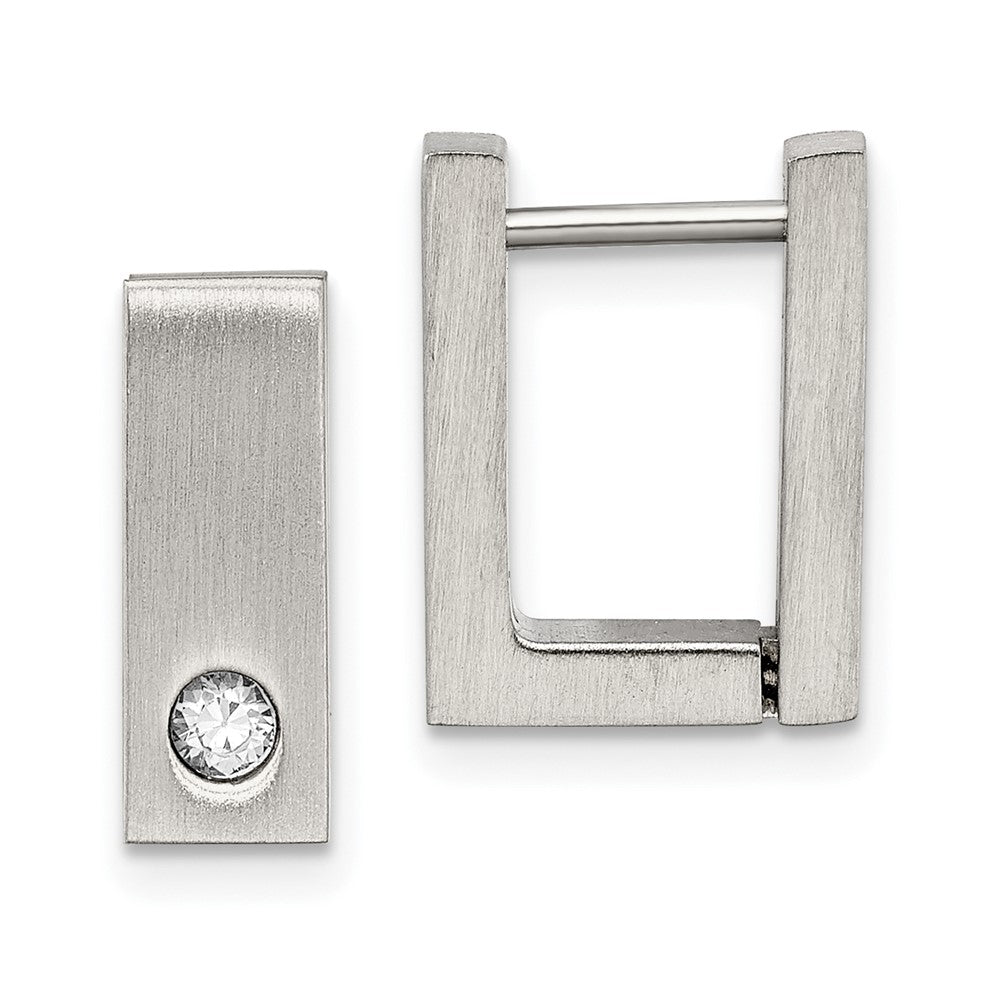 Stainless Steel Brushed & Polished w/CZ 4mm Square Hinged Hoop Earrings