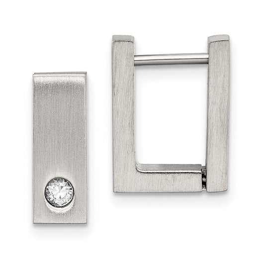 Stainless Steel Brushed & Polished w/CZ 4mm Square Hinged Hoop Earrings
