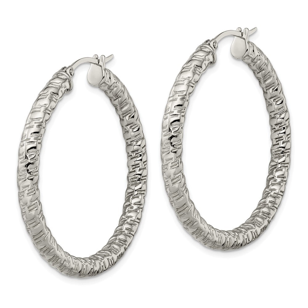 Stainless Steel Polished and Textured Hollow Hoop Earrings
