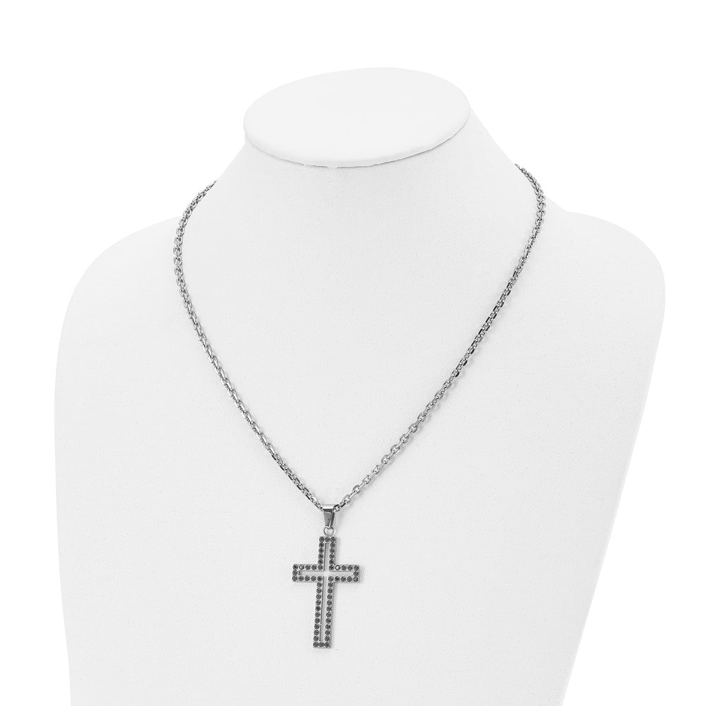 Stainless Steel Polished Black CZ Cross 20in Necklace