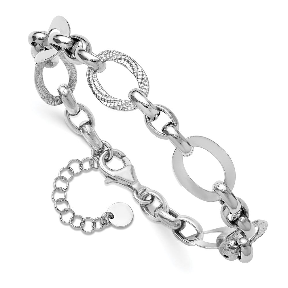 SS RH-plat Polish/Textured Fancy Link w/1.25in ext. Bracelet 8.75  inches