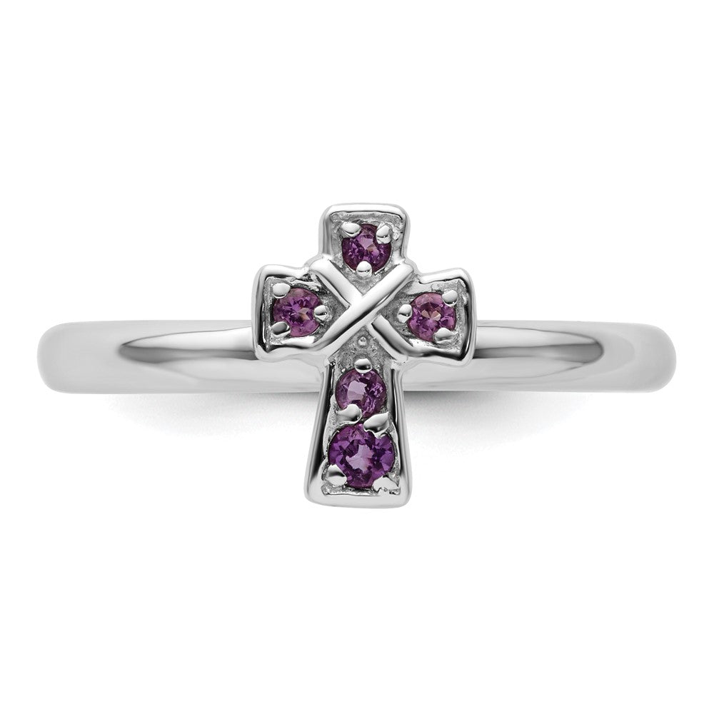 Sterling Silver Stackable Expressions Rhodium Amethyst Cross Ring Size -7