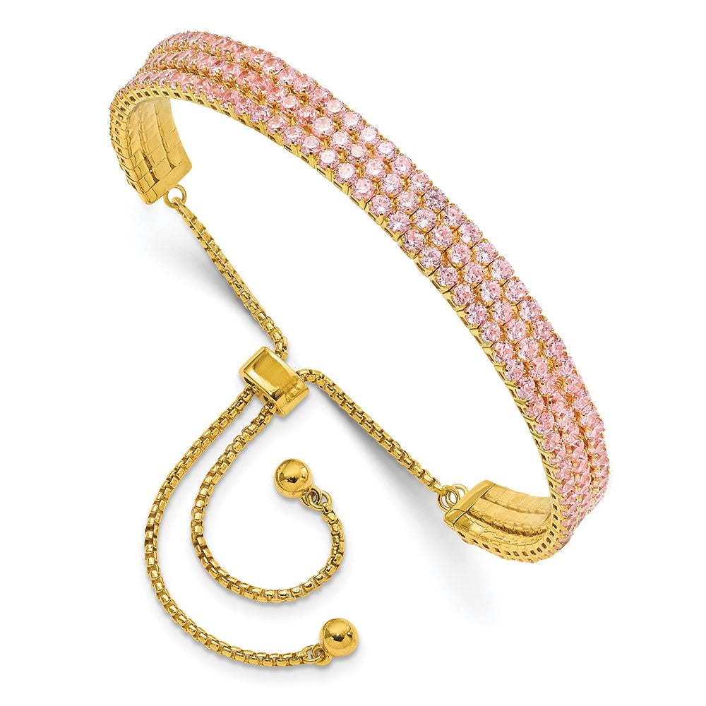 SS Gold Tone October Light Pink Triple CZ Adjustable Bracelet