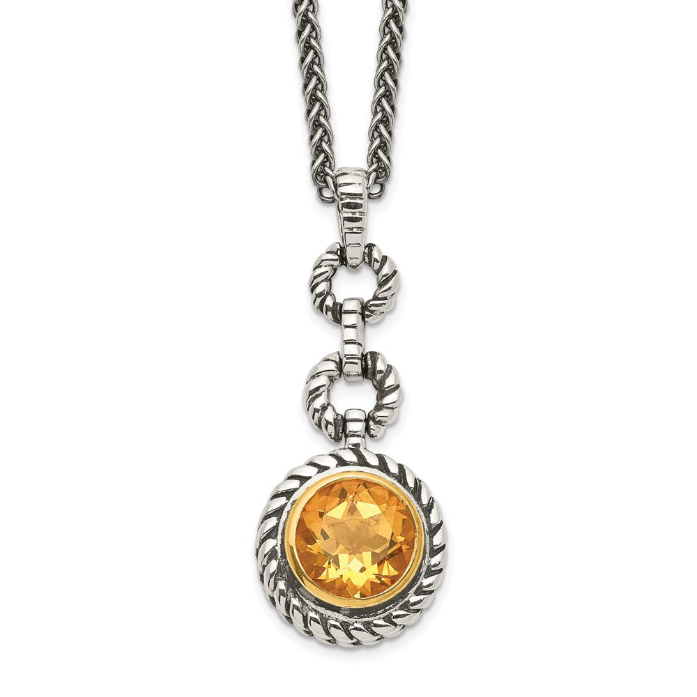 Shey Couture Sterling Silver Gold-tone Flash Gold-plated 18 Inch Antiqued Round Bezel Citrine Necklace 18 Inches