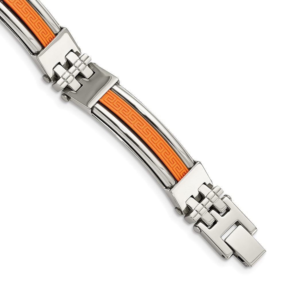 Stainless Steel 9in Polished with Orange Rubber Inlay Greek Key Bracelet 9 inches