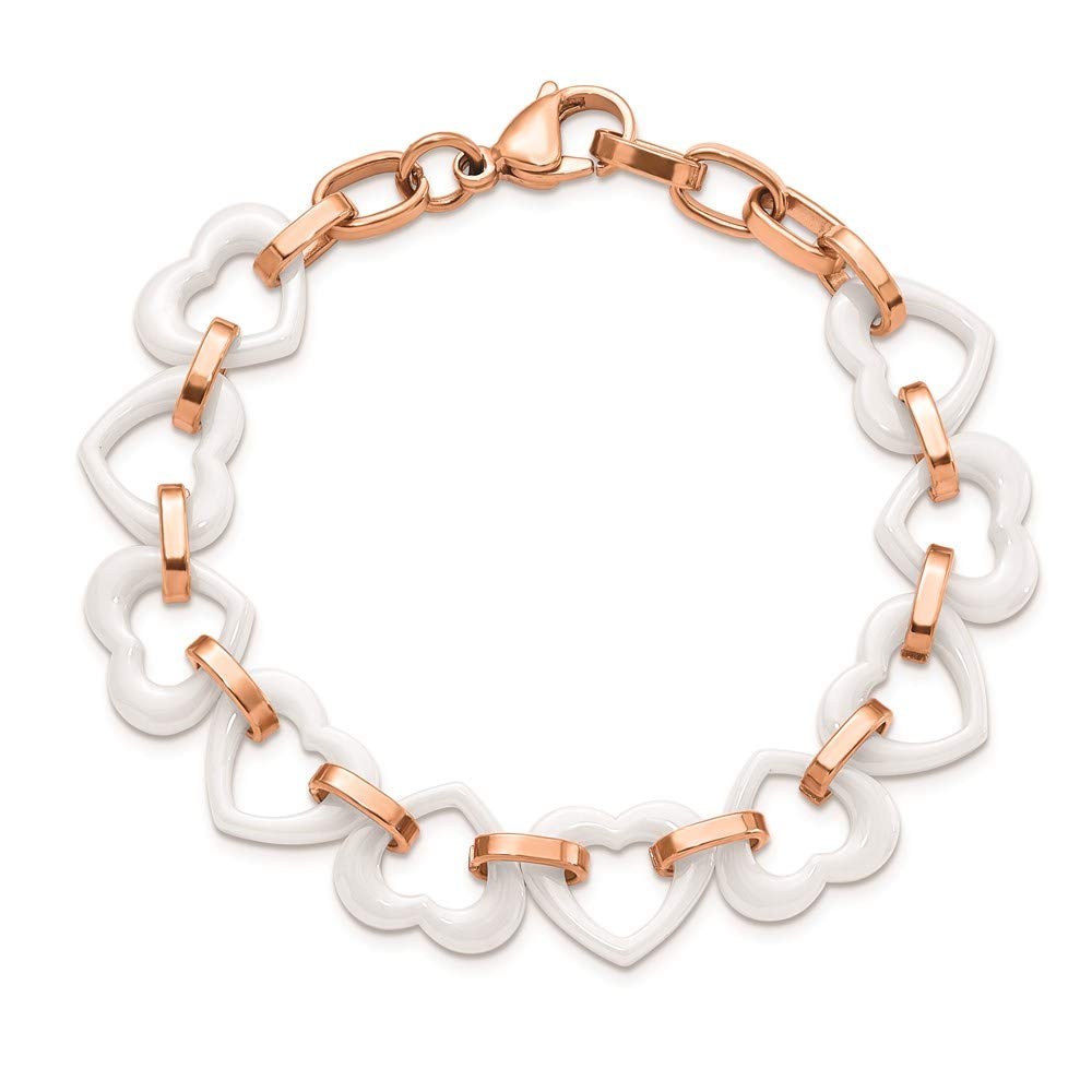 Stainless Steel Polished Rose IP w/White Ceramic Heart w/.75in ext. Bracele 7.25 inches