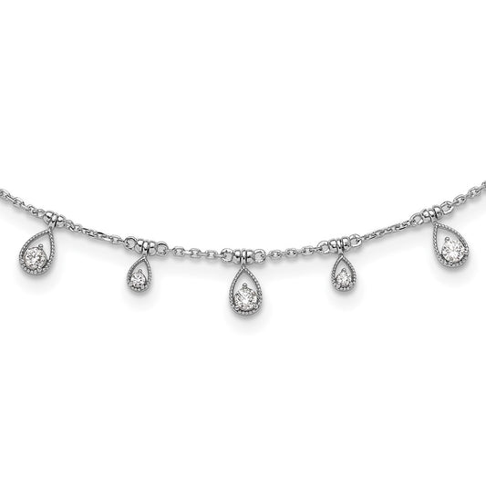 Sterling Shimmer Sterling Silver Rhodium-plated CZ 19 Stone 19 Teardrop Stations 14 inch with 2 inch extender Necklace 14 Inches