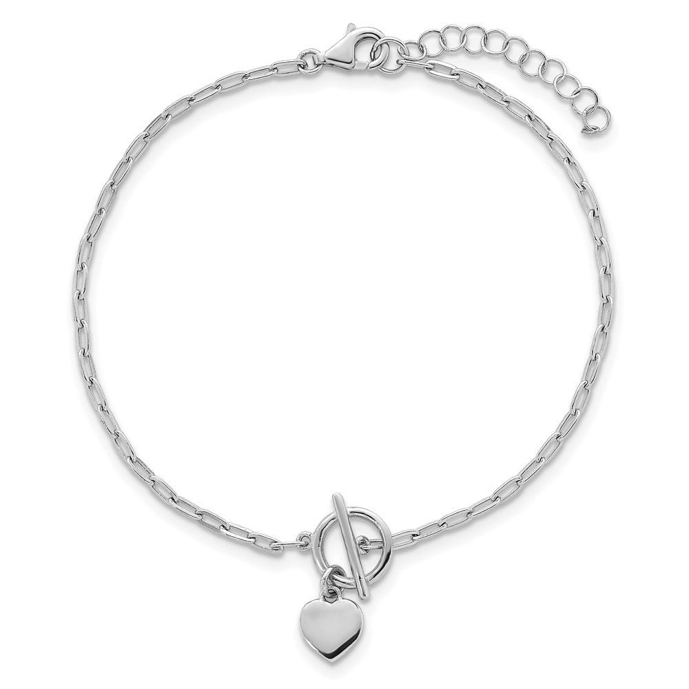 Sterling Silver Rhodium-plated Polished Heart Dangle Paperclip Link 6.5 Inch with 1 Inch Extension Bracelet 7.5 inches