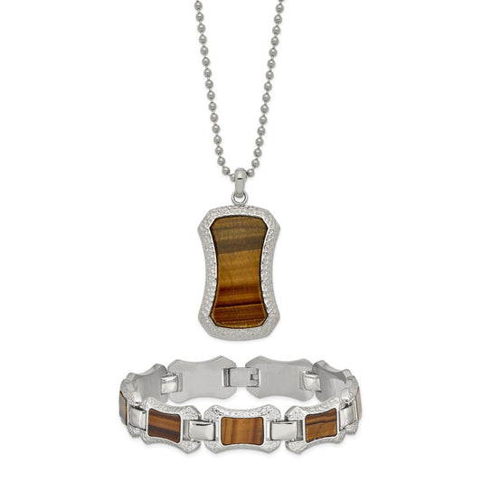 Stainless Steel C& Tiger Eye 24 Necklace and Matching 8.75 Bracelet