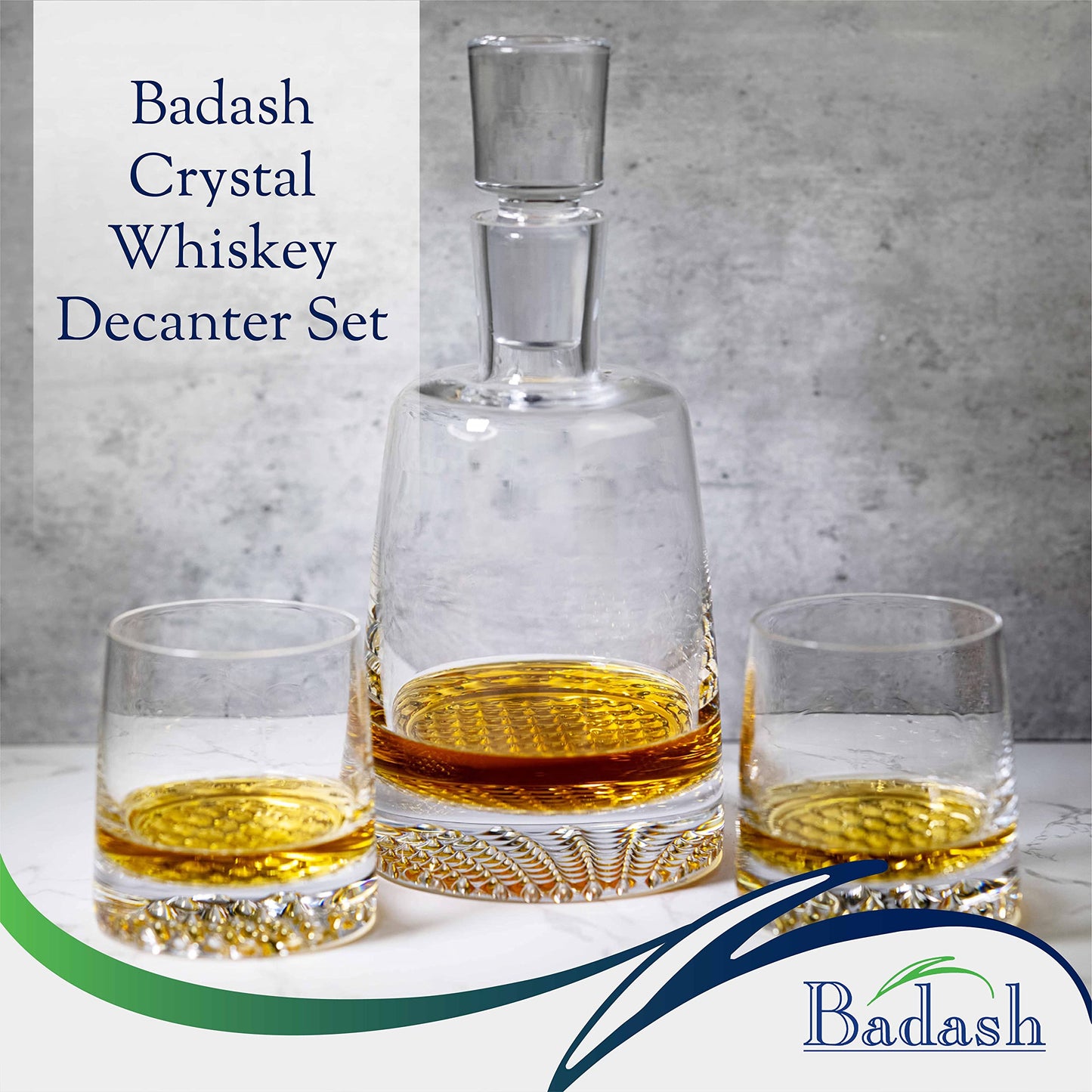 Badash Crystal Park Avenue European Mouth Blown 5 Piece Decanter & Rock Glasses Set (K830)