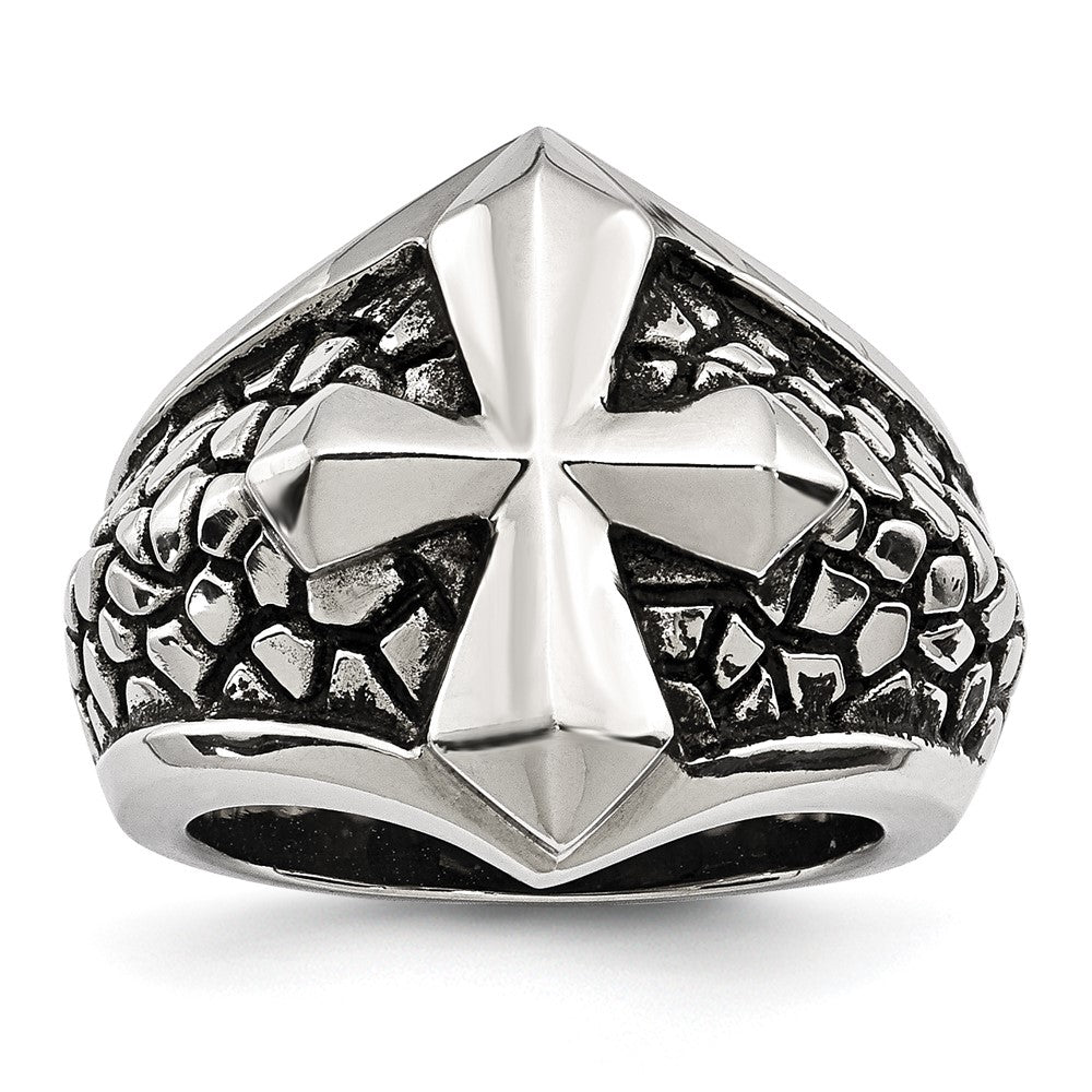 Stainless Steel Antiqued Polished and Textured Cross Ring Size - 9