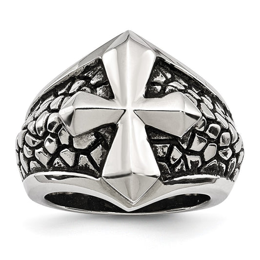 Stainless Steel Antiqued Polished and Textured Cross Ring Size - 9