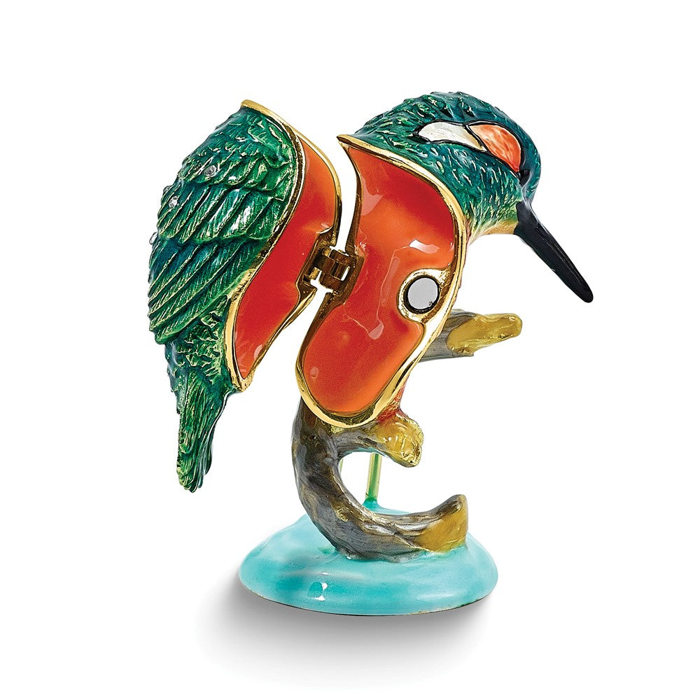 Luxury Giftware by Jere Bejeweled KIWI Kingfisher Bird on Branch Trinket Box with Matching 18 inch Necklace