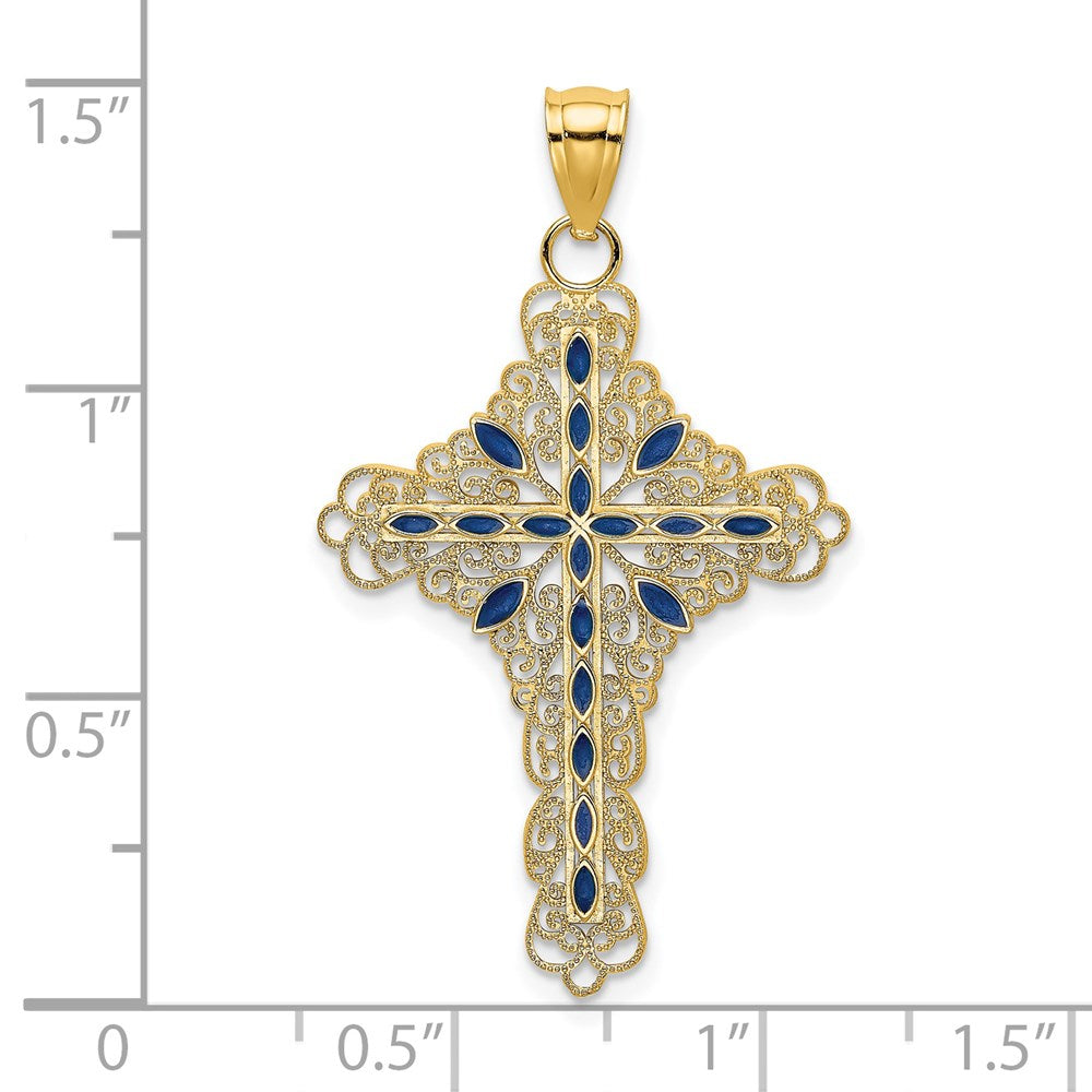 14K Blue Enamel Filigree Cross Charm