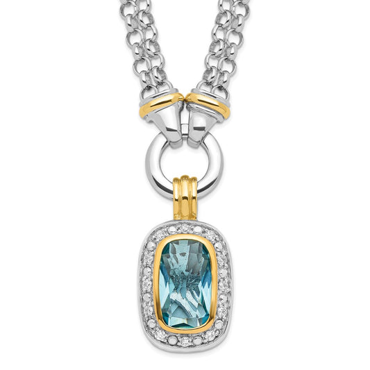 Sterling Silver Flash Gold-plated Clear and Blue CZ 16 inch Necklace 16 Inches