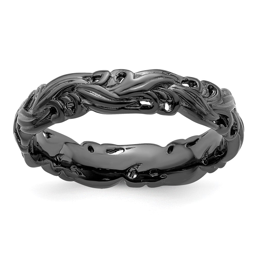 Sterling Silver Stackable Expressions Black-plated Carved Band Size -10