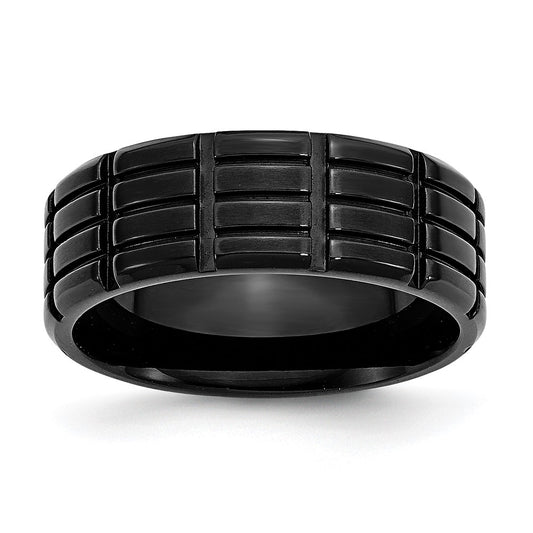 Stainless Steel Brushed Black IP-plated 8mm Grooved Band Size - 10
