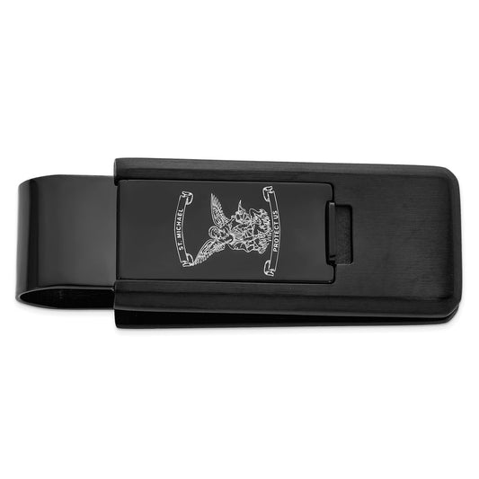 Kelly Waters Stainless Steel Black IP Lasered St. Michael Flip Money Clip
