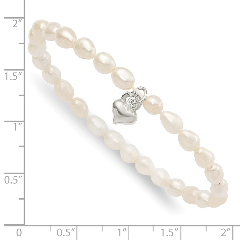 Sterling Silver Polished FWC Pearl & Heart Children's Stretch Bracelet 5 inches