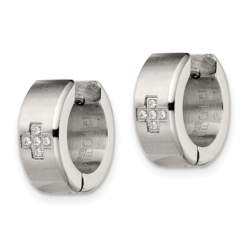 Stainless Steel Brushed and Polished w/CZ 6mm Hinged Hoop Earrings