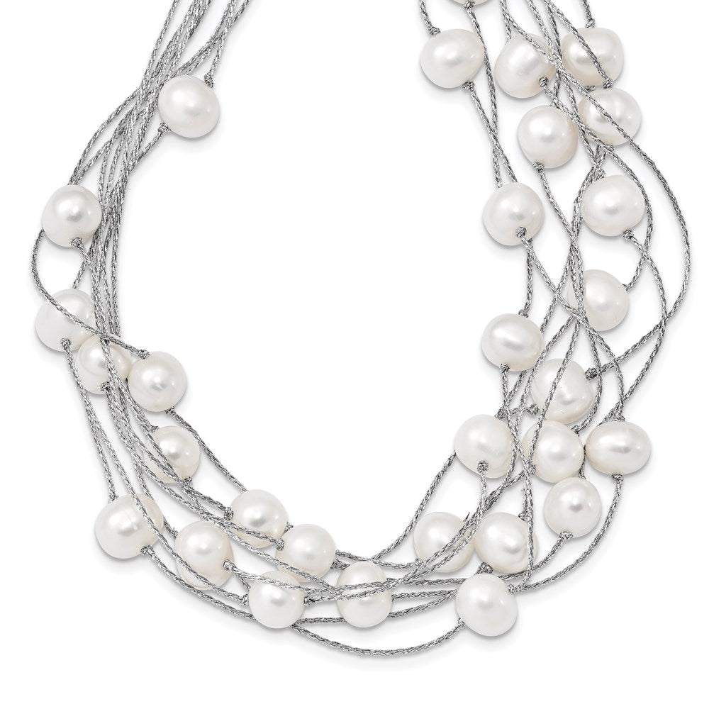 Sterling Silver Rhodium-plated 8-10mm White Semi-Round Freshwater Cultured Pearl Multi Strand 18 inch Necklace 18 Inches