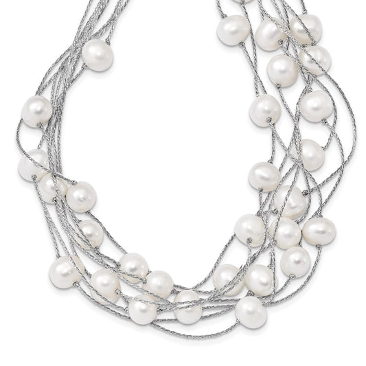 Sterling Silver Rhodium-plated 8-10mm White Semi-Round Freshwater Cultured Pearl Multi Strand 18 inch Necklace 18 Inches