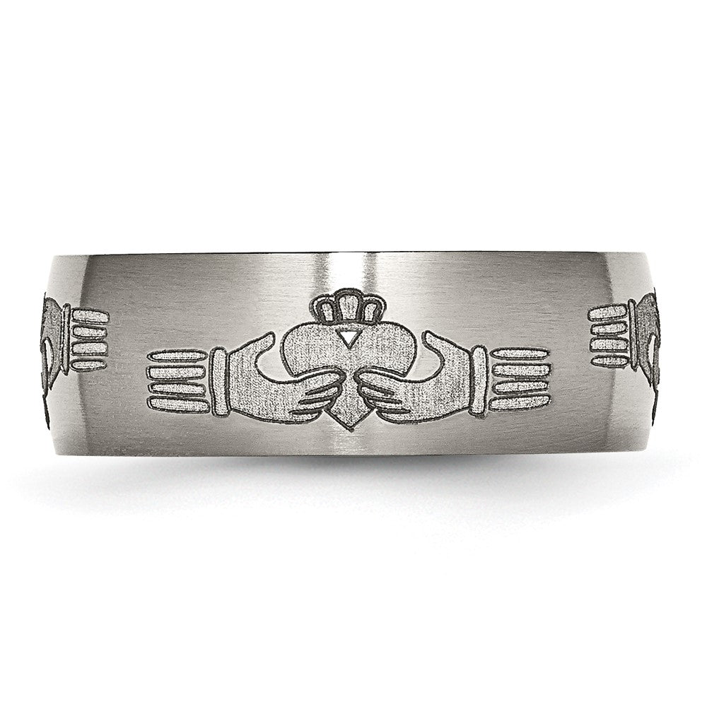 Titanium Brushed Claddagh Laser Design 8mm Band Size - 7
