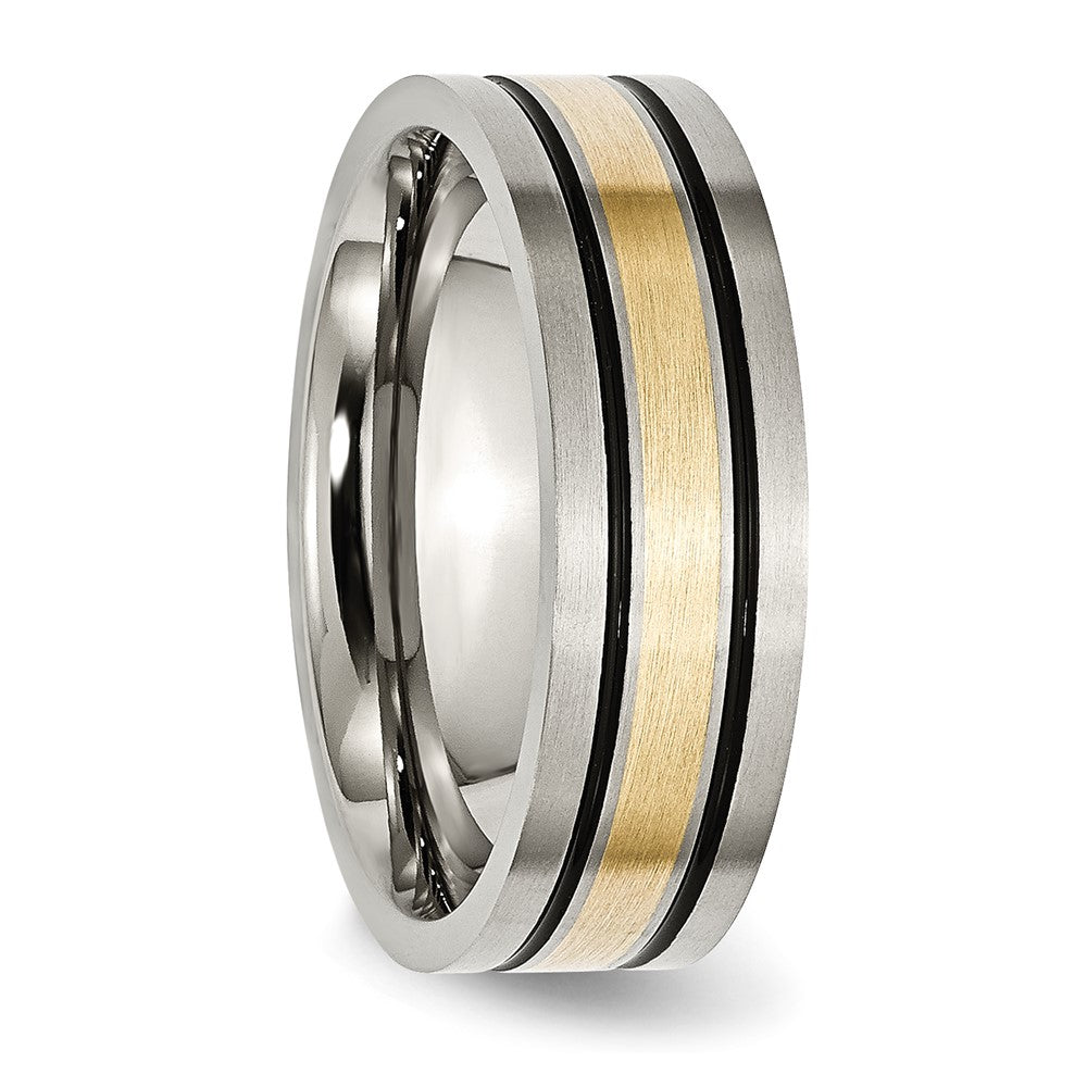 Titanium Antiqued and Brushed w/14k Yellow Inlay 7mm Flat Band Size - 8