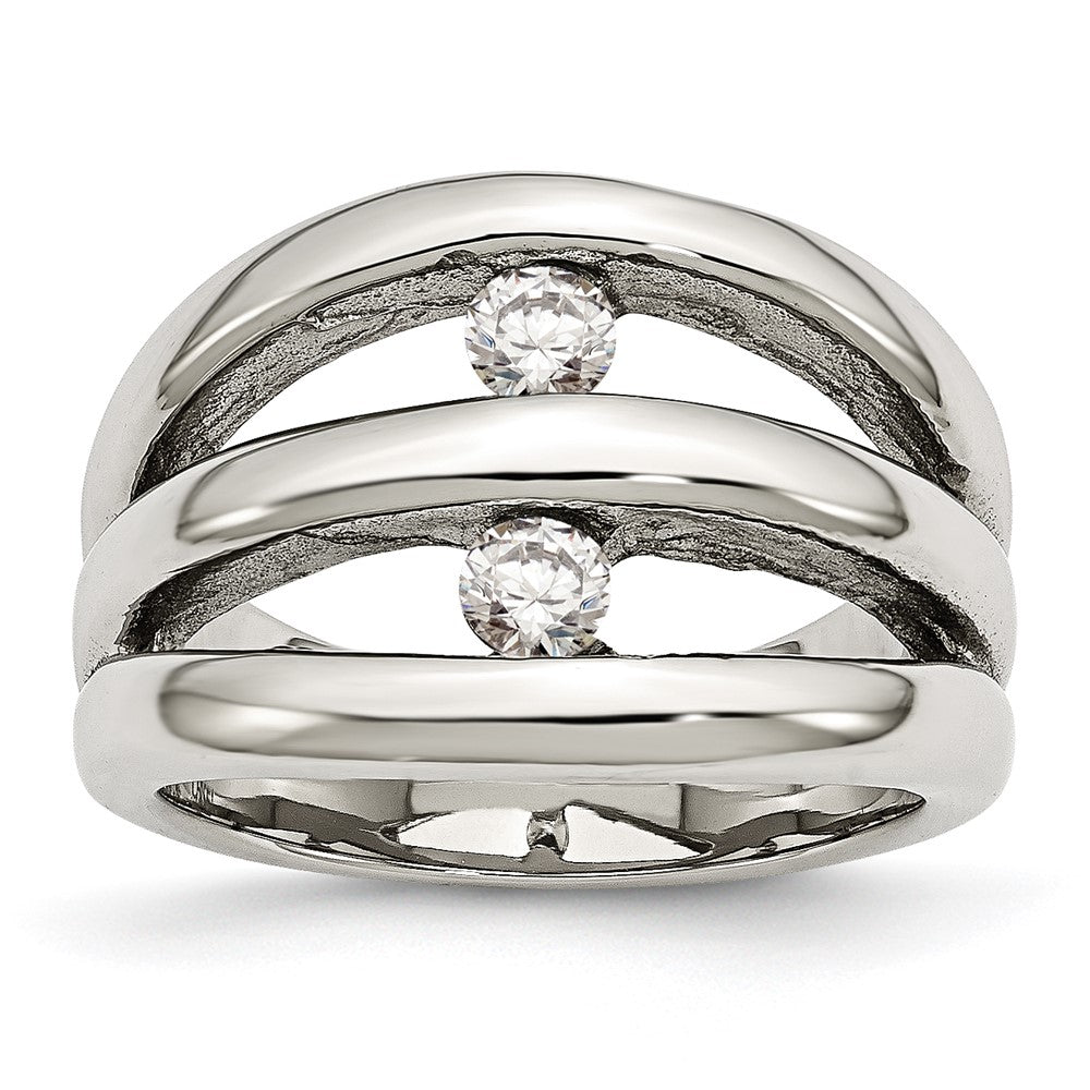 Stainless Steel Polished CZ Ring Size - 7