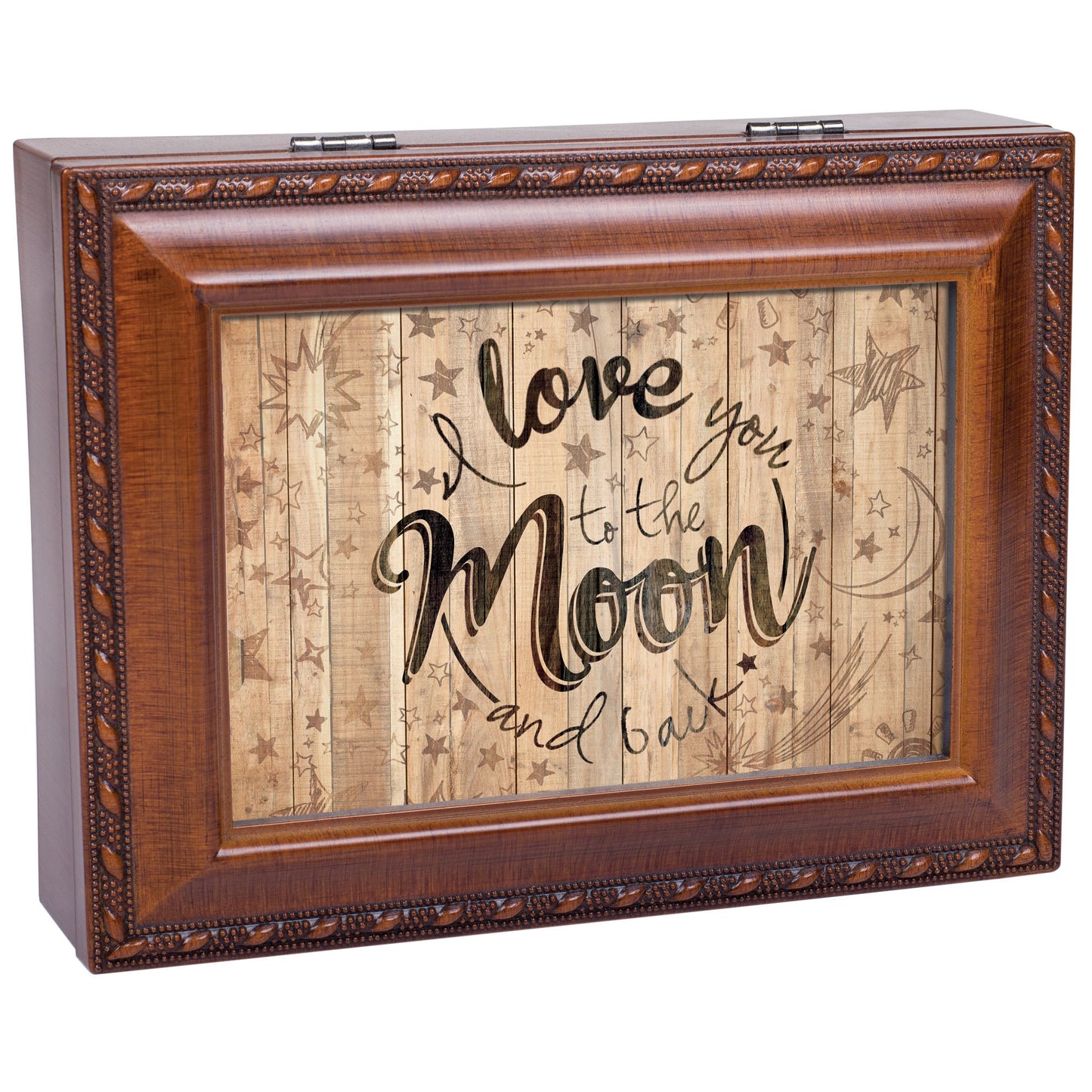 Cottage Garden Love You to The Moon and Back Woodgrain Rope Trim Jewelry Music Box Plays Wonderful World