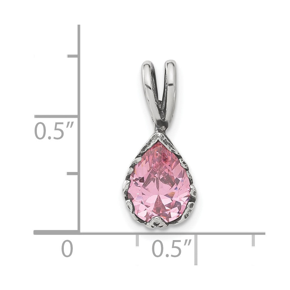 Sterling Silver Antiqued Pink Teardrop CZ Pendant