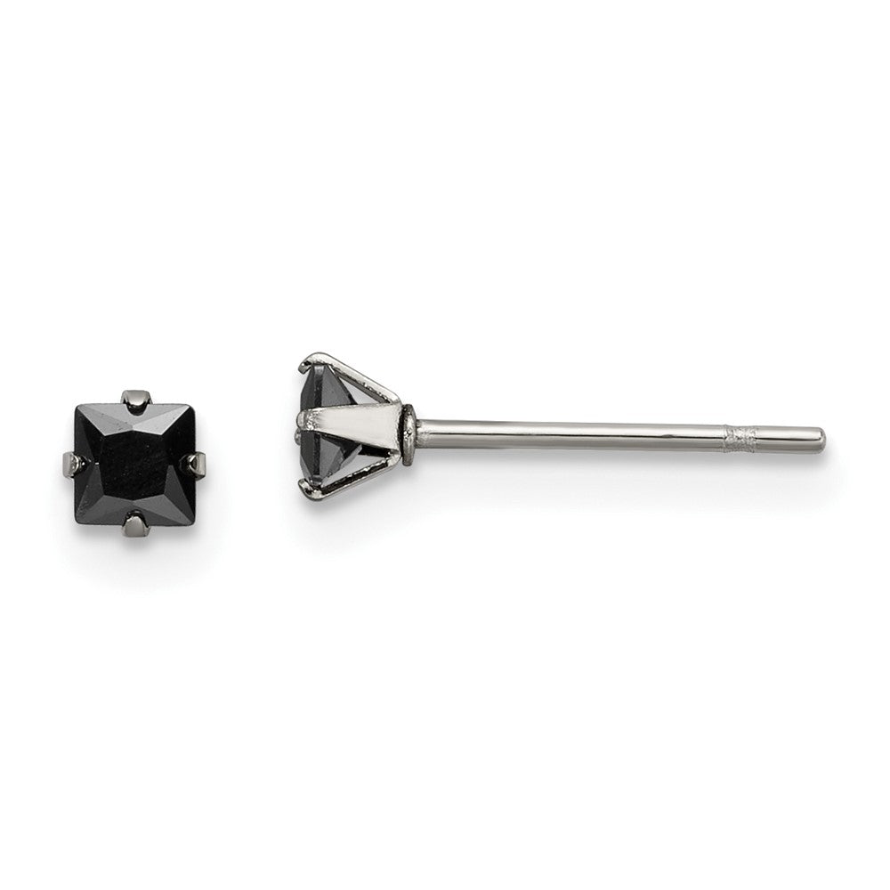 Stainless Steel Polished 3mm Black Square CZ Stud Post Earrings
