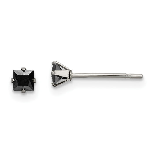 Stainless Steel Polished 3mm Black Square CZ Stud Post Earrings