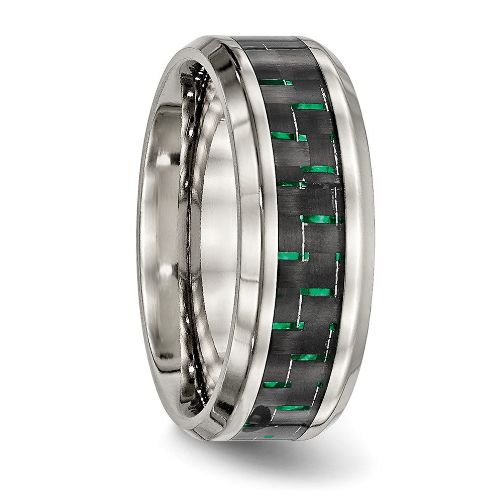 Stainless Steel Polished Black/Green Carbon Fiber Inlay 8mm Band Size - 10.5