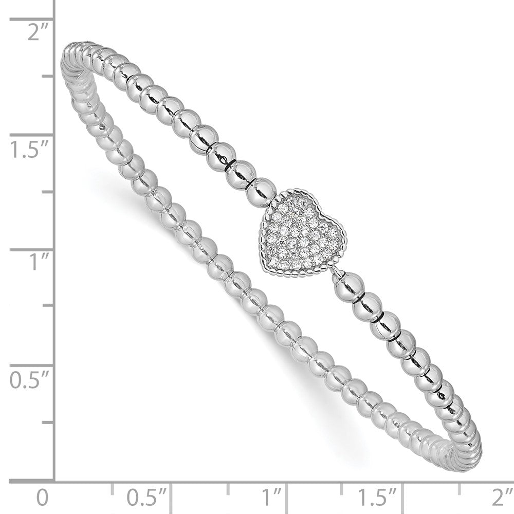 Sterling Silver Rhodium-plated Polished Beaded CZ Heart Stretch Bracelet 7 inches