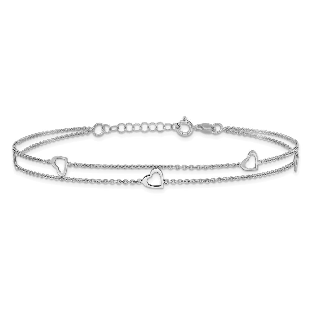 Sterling Silver Rhodium-plated 2-Strand 9 in Plus 1in ext. Heart Anklet 9 inches