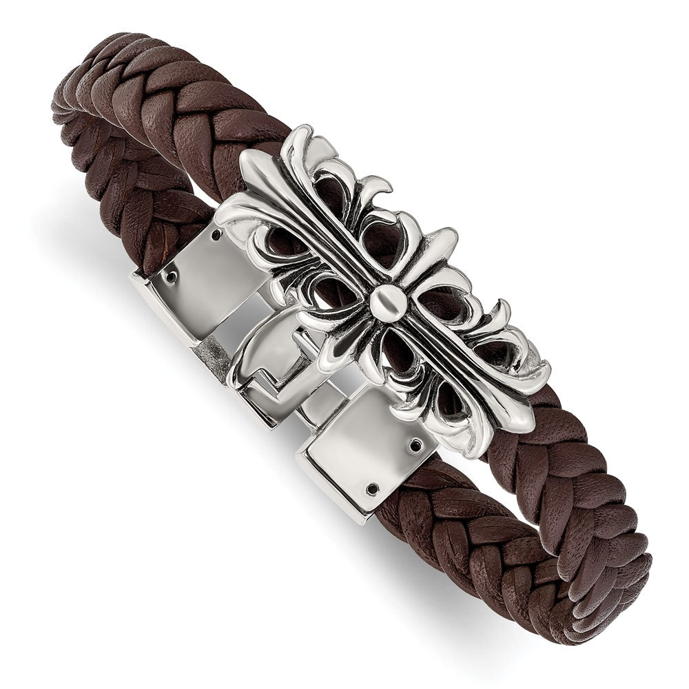 Stainless Steel Antiqued and Polished Brown Leather Filigree Bracelet 8.5 inches