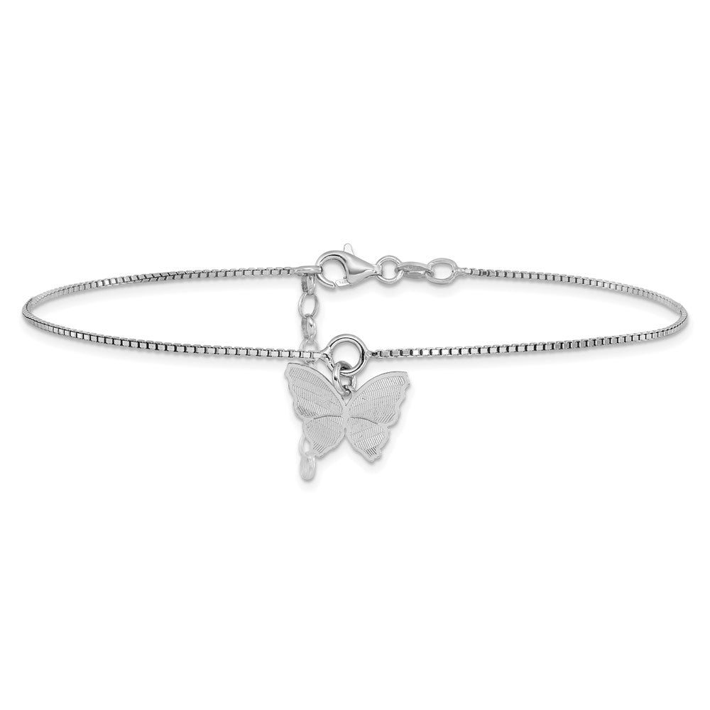 SS RH-plt Polished & Textured Butterfly w/1in ext. Anklet