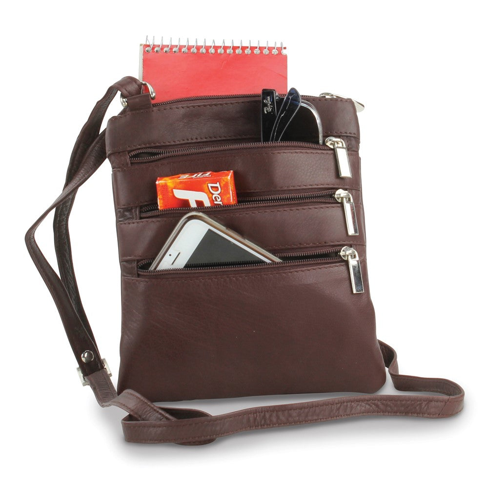 Brown Leather Triple-Zip Multi-Pocket Crossbody Bag with Adjustable Shoulder Strap