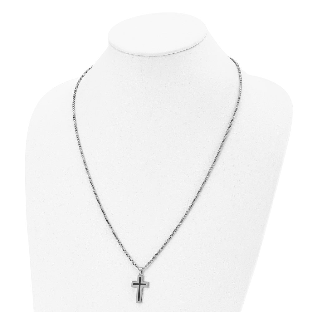 Stainless Steel Polished with Black Enamel Cross 24in Necklace