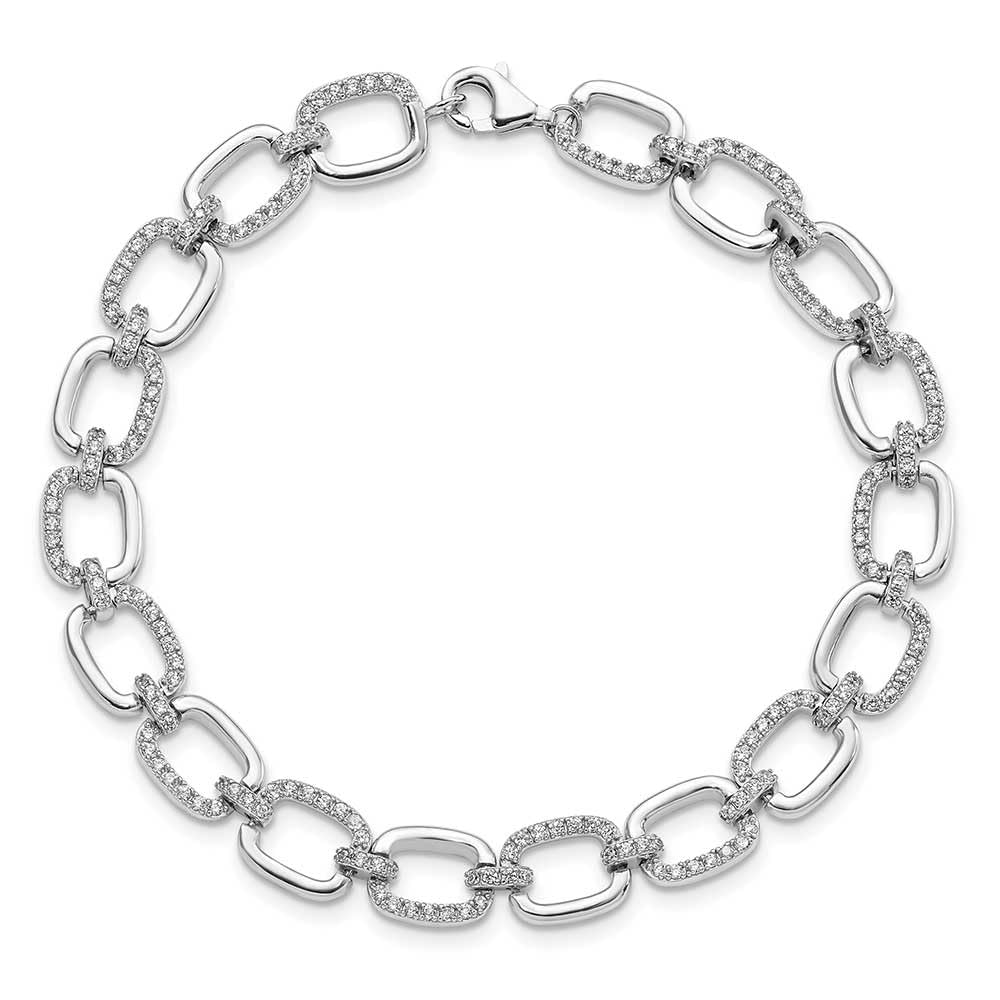 Sterling Silver Rhodium-plated Clear CZ and Polished Square Link 7.75 inch Bracelet 7.75 inches