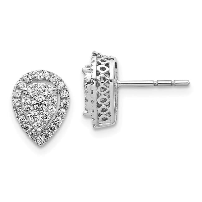 14k White Gold Teardrop Design Cluster Diamond Post Earrings