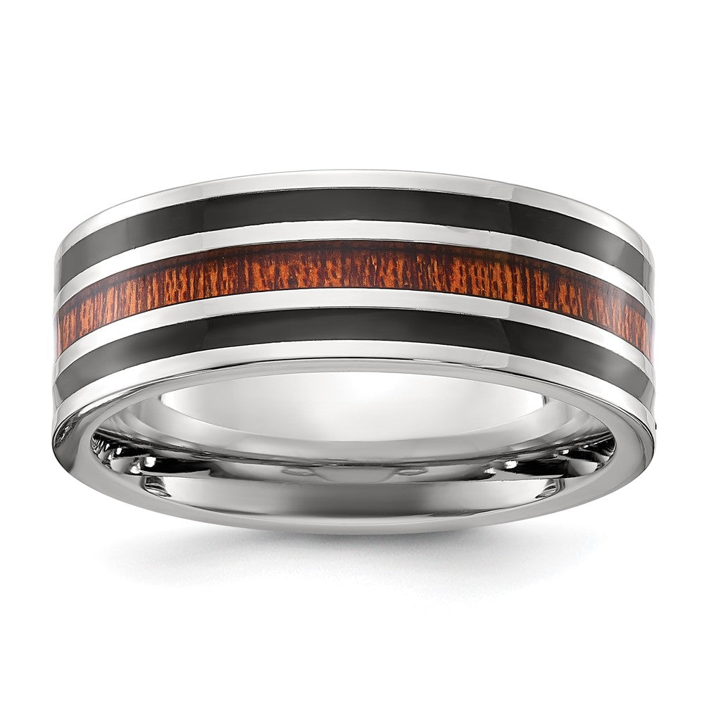 Chisel Stainless Steel Polished with Black Resin and Wood Inlay 8mm Band