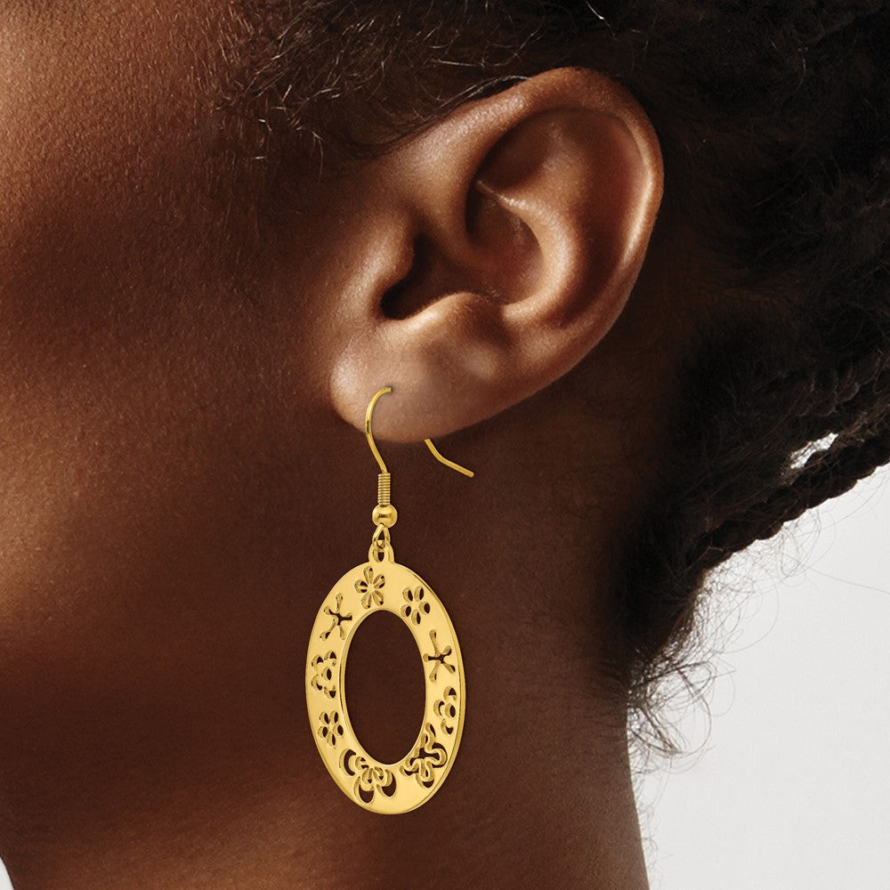Stainless Steel Polished Yellow IP Flower Cutout Shepherd Hook Earrings