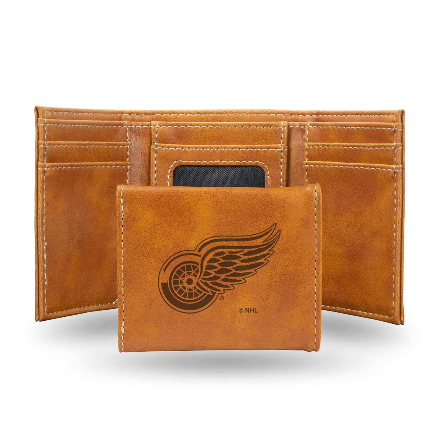 Detroit Red Wings Brown Laser Engraved Tri-Fold Wallet - Men's Accessory