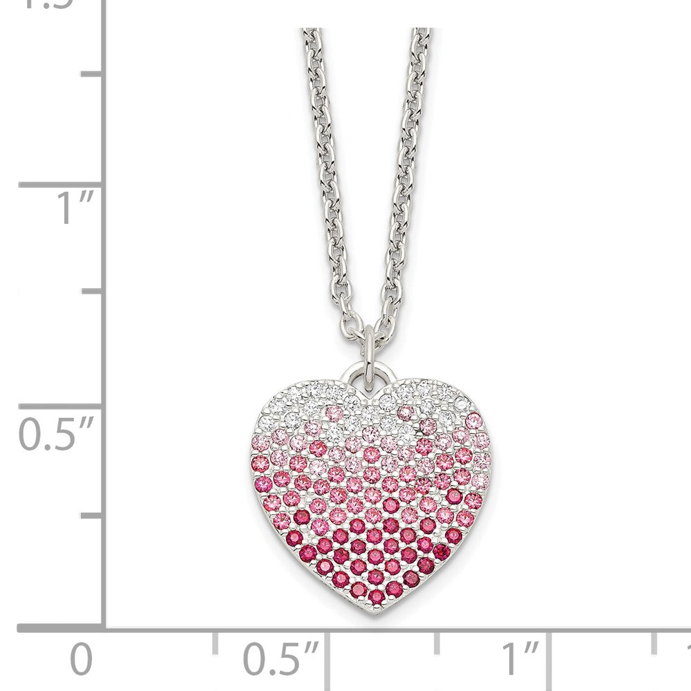 Sterling Silver 18+2in w/ext. Pink, Red & Clear CZ Heart Necklace 18 Inches
